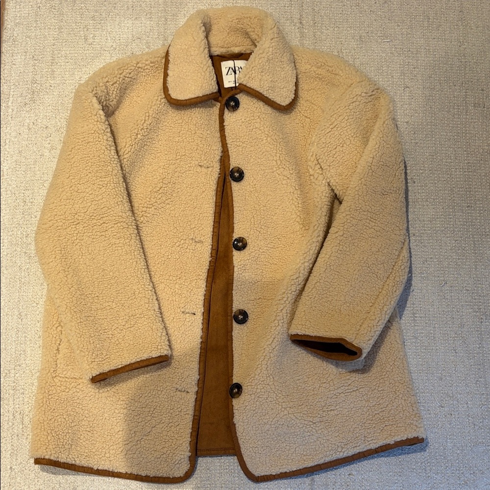 Zara Tan Sherpa Jacket with Brown Trim
